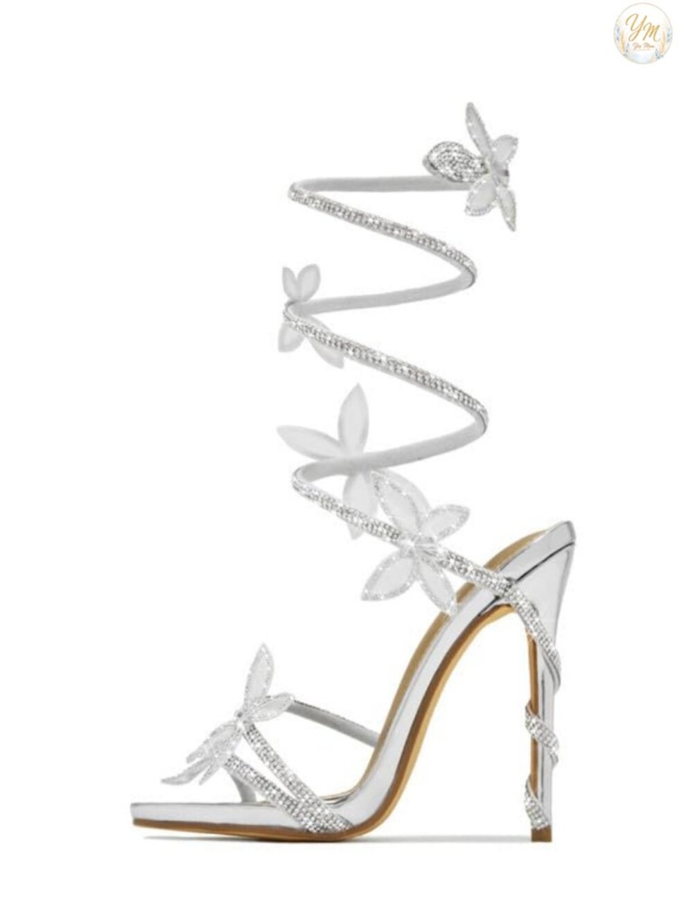 Rhinestone Stiletto Heel Sandals with Butterfly Ankle Wrap, Sparkly Dress Heels